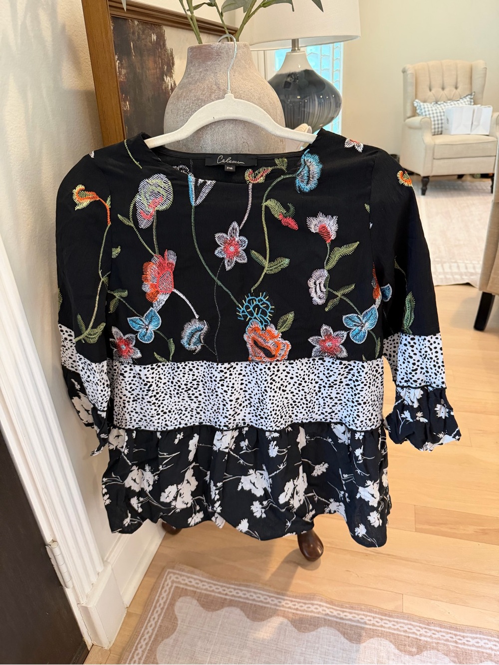 Catherine Malandrino Black Mixed-Print Floral Embroidered Peasant Top